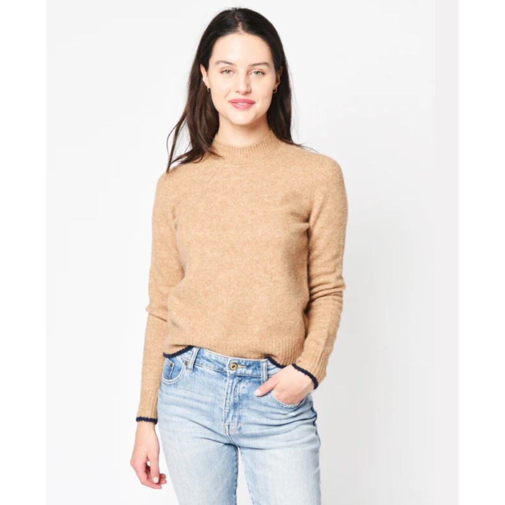 Vince Contrast Tip Wool Alpaca Mock Neck Sweater Contrast Trim Camel Large